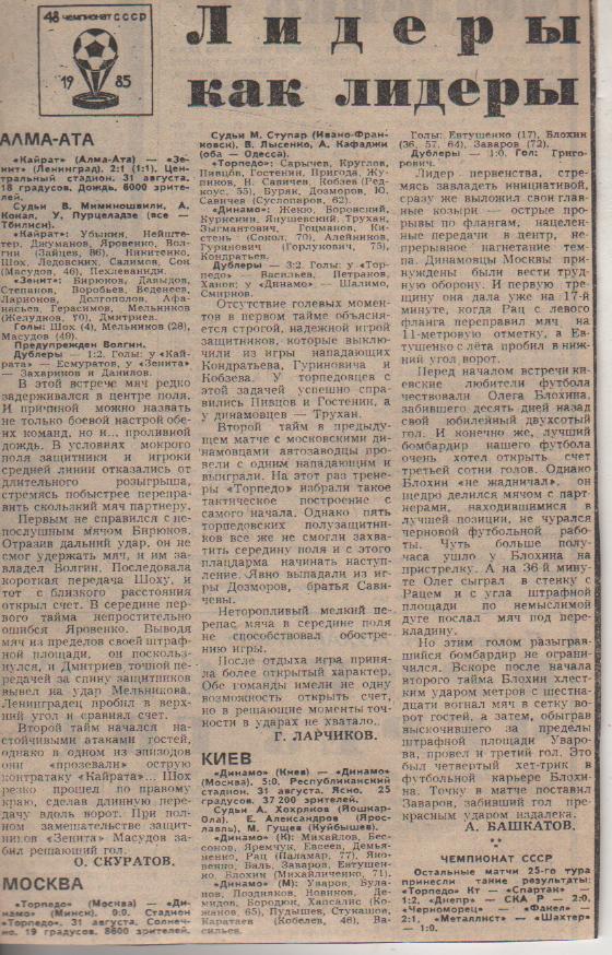 статьи футбол №316 отчеты о матчах Торпедо Москва - Динамо Минск 1985г.