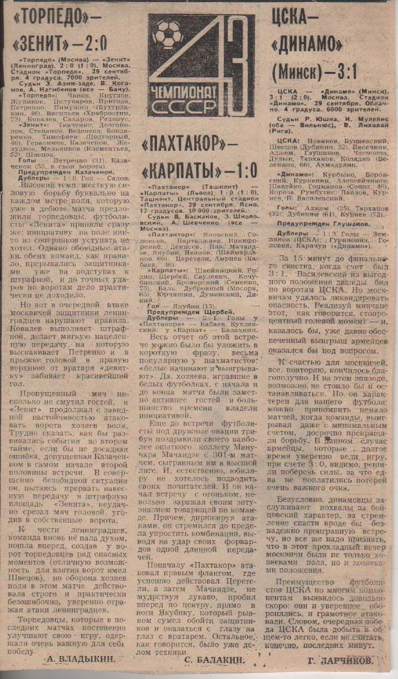 статьи футбол №325 отчеты о матчах Торпедо Москва - Зенит Ленинград 1980г.
