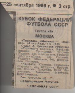 статьи футбол №341 отчет о матче Торпедо Москва - Кайрат Алма-Ата 1986г.