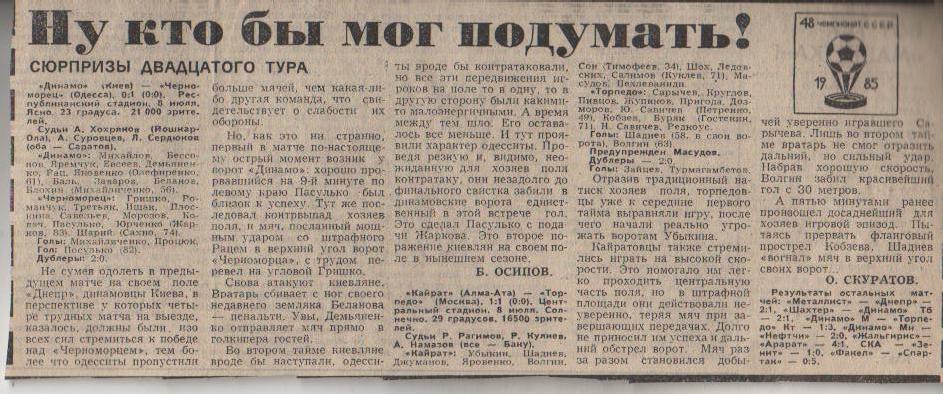 статьи футбол №342 отчеты о матчах Кайрат Алма-Ата - Торпедо Москва 1985г.