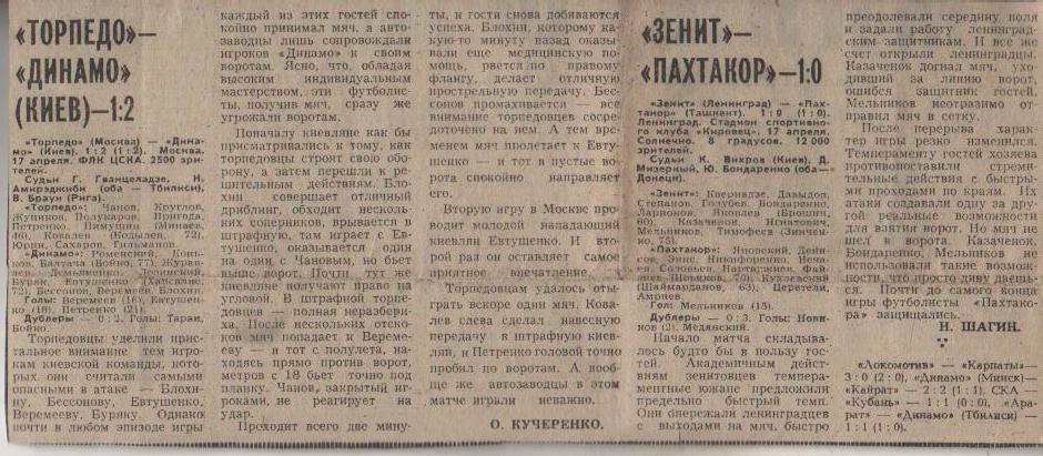 статьи футбол №345 отчеты о матчах Торпедо Москва - Динамо Киев 1980г.
