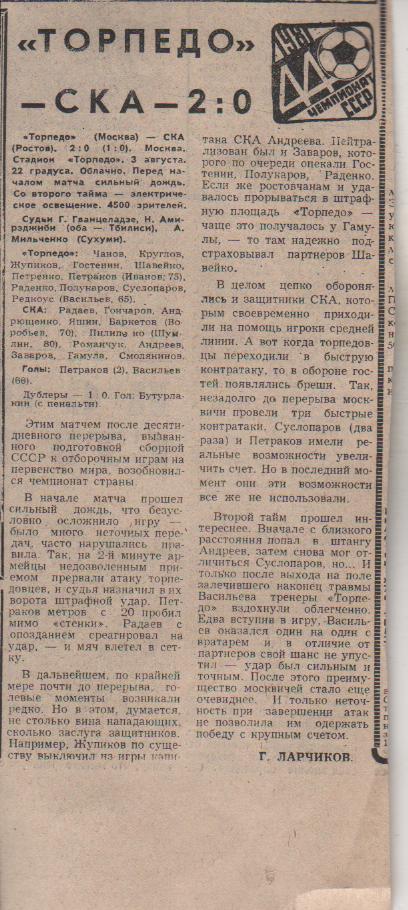статьи футбол №356 отчет о матче Торпедо Москва - СКА Ростов-на-Дону 1981г.