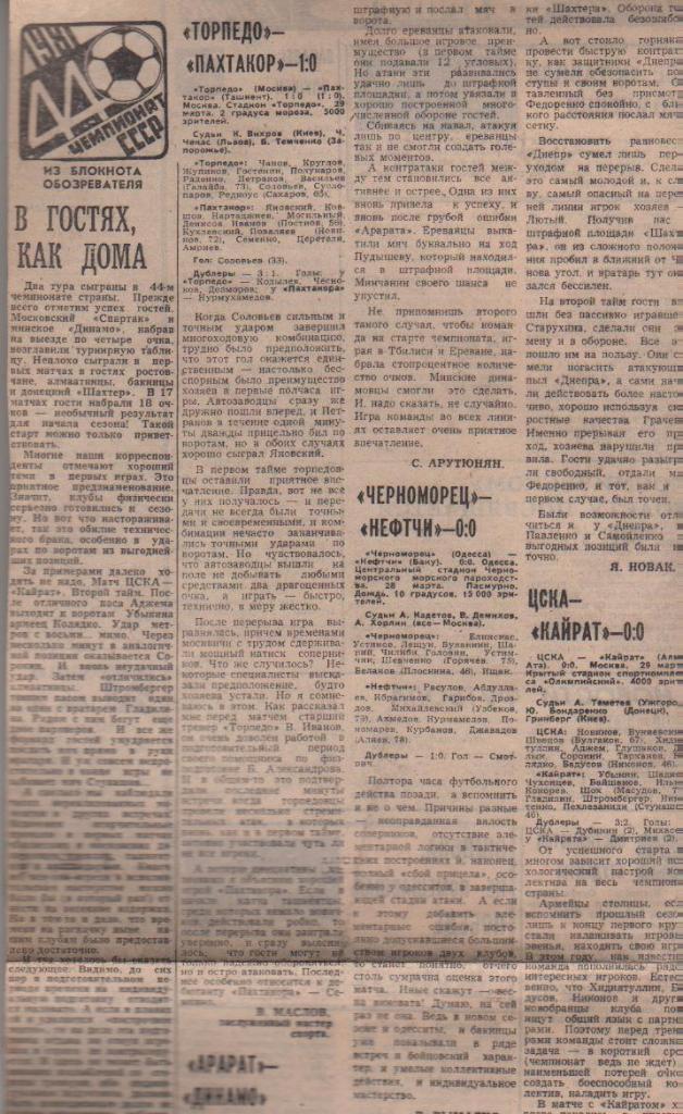 статьи футбол №375 отчеты о матчах Торпедо Москва - Пахтакор Ташкент 1981г.