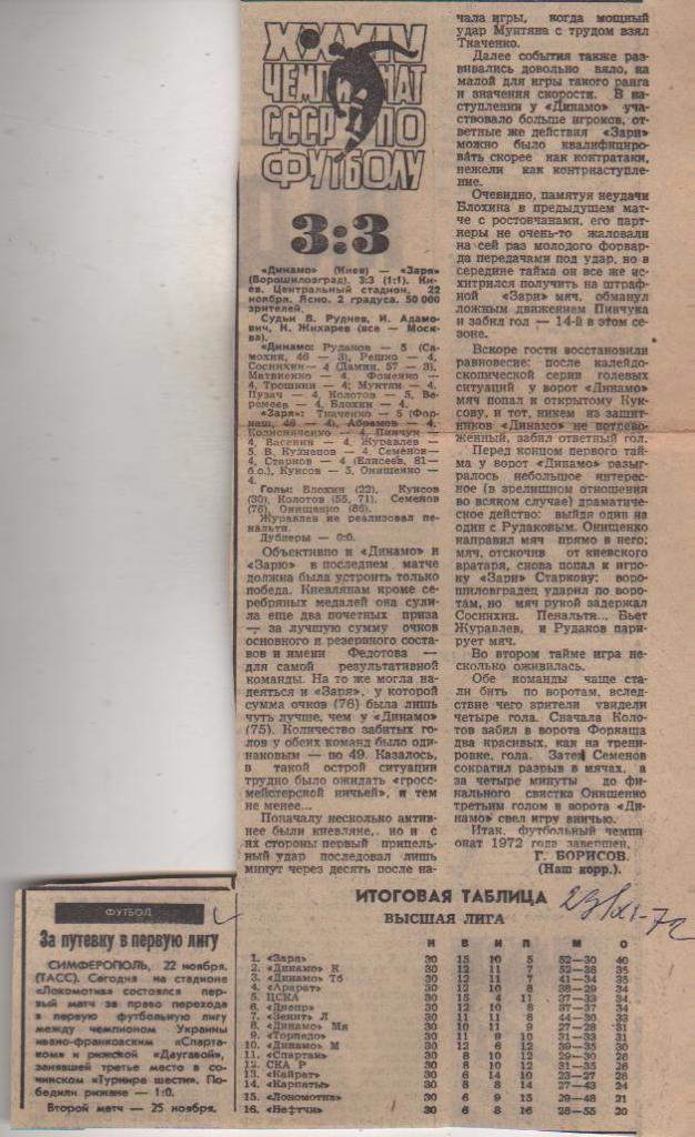 статьи футбол №54 отчет о матче Динамо Киев - Заря Ворошиловград 1972г.