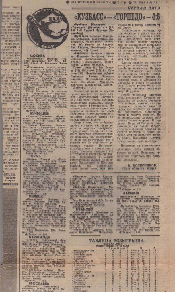 статьи футбол №86 отчеты о матчах Кузбасс Кемерово - Торпедо Кутаиси 1973г.