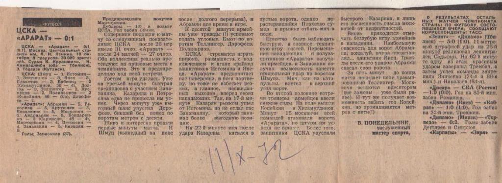 статьи футбол №210 отчет о матче ЦСКА Москва - Арарат Ереван 1972г.