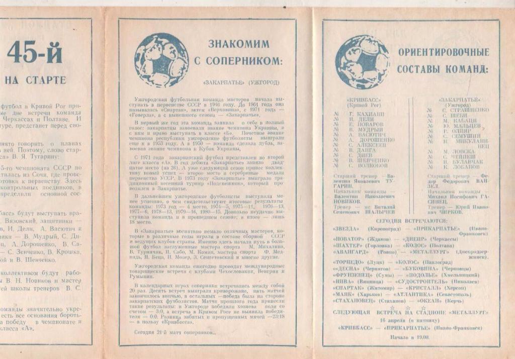 пр-ка футбол Кривбасс Кривой Рог - Закарпатье Ужгород 1982г. 1