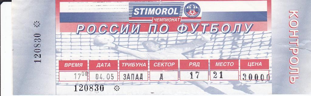 Футбол. Билет Спартак Москва - Локомотив НН 1996