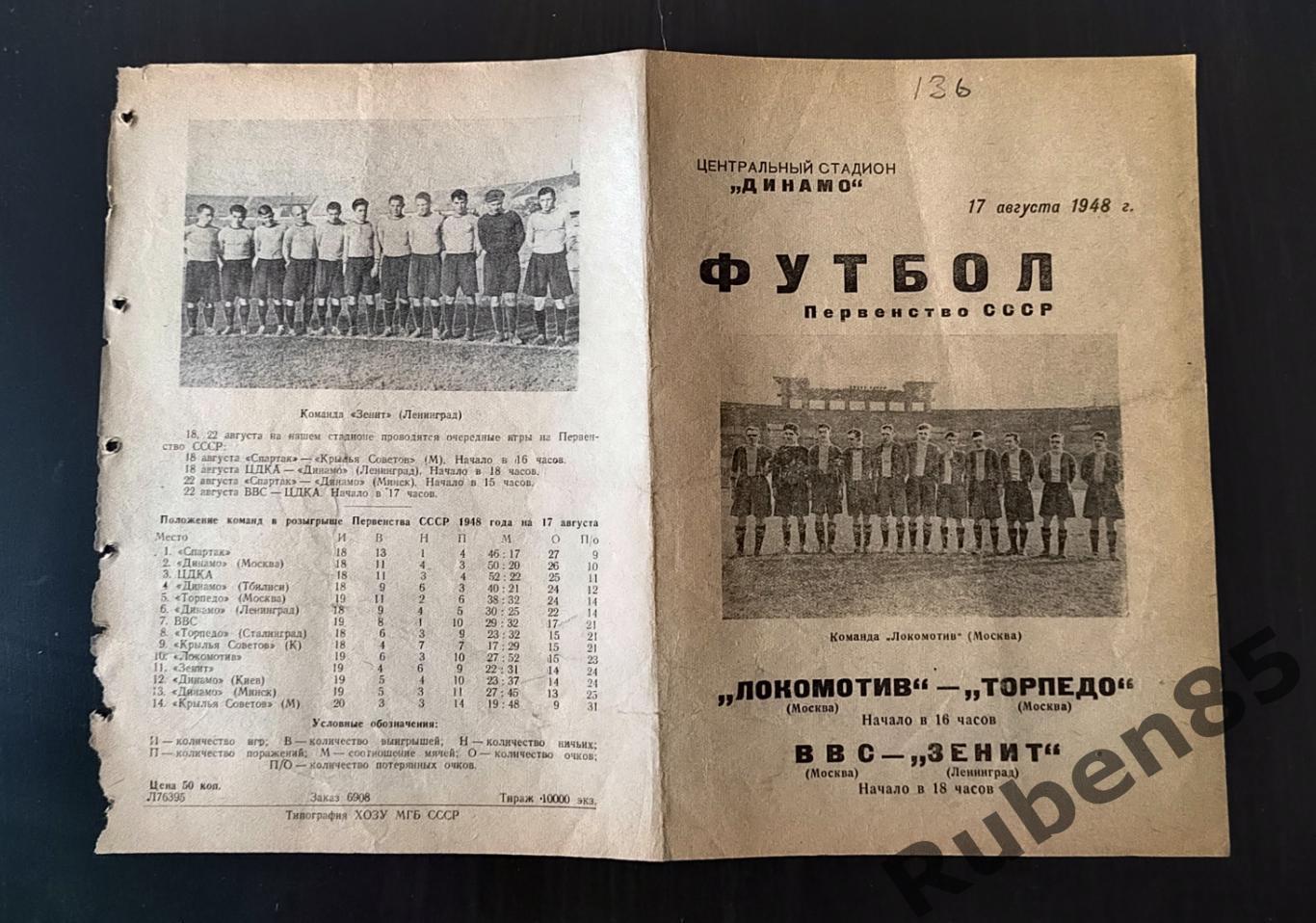 Программа Локомотив Москва - Торпедо + ВВС - Зенит 17.08 1948