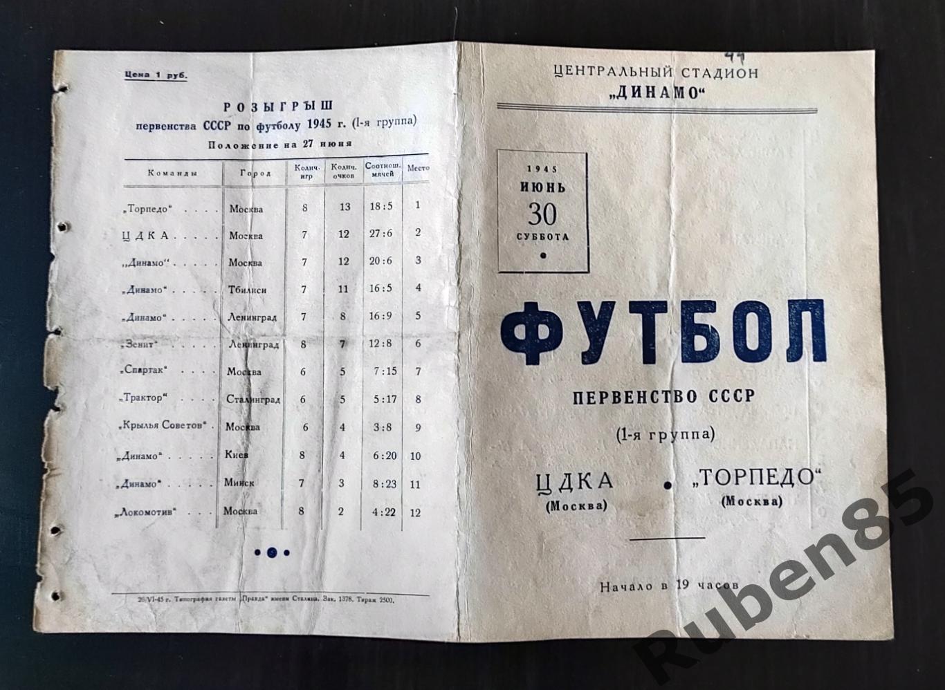 Футбол. Программа ЦДКА - Торпедо Москва 1945 ЦСКА