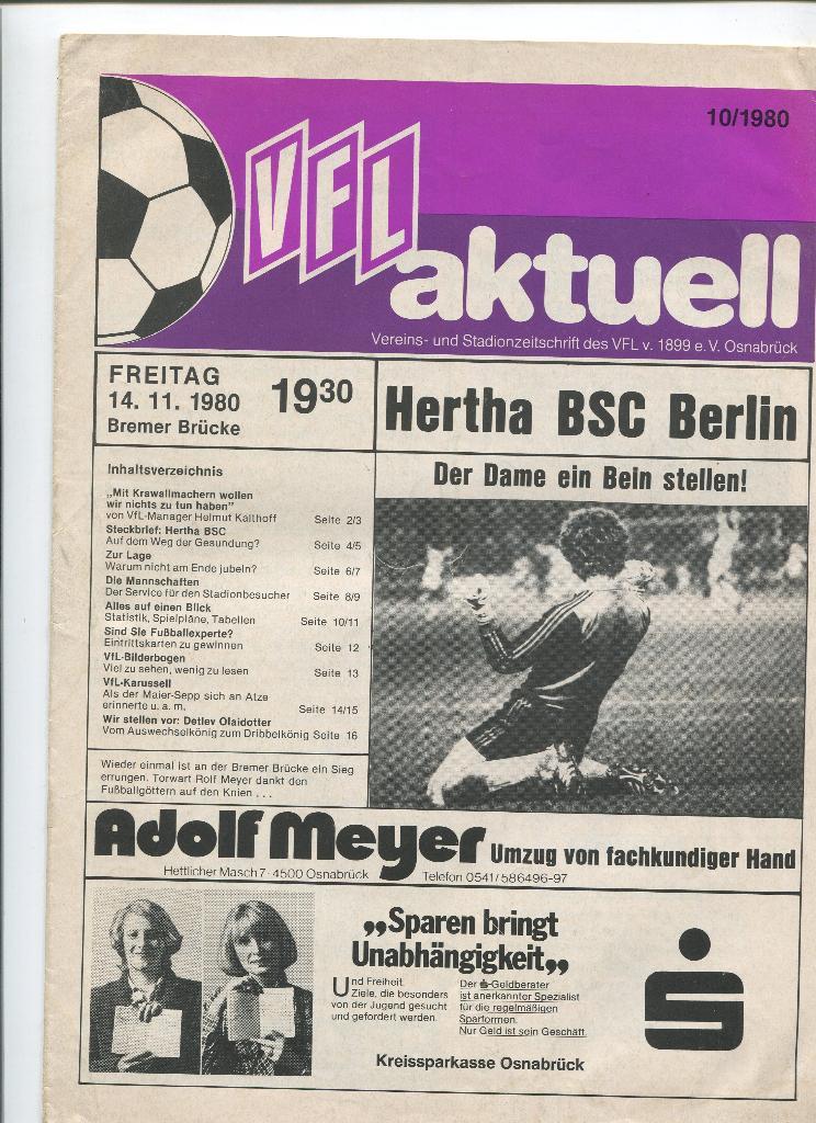 VFL Osnabruck- Hetta BSC Berlin 14/11/80