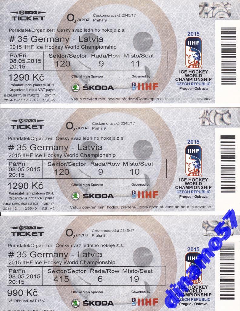 Чемпионат мира по хоккею-2015 Билет матча Германия-Латвия 8.05.2015