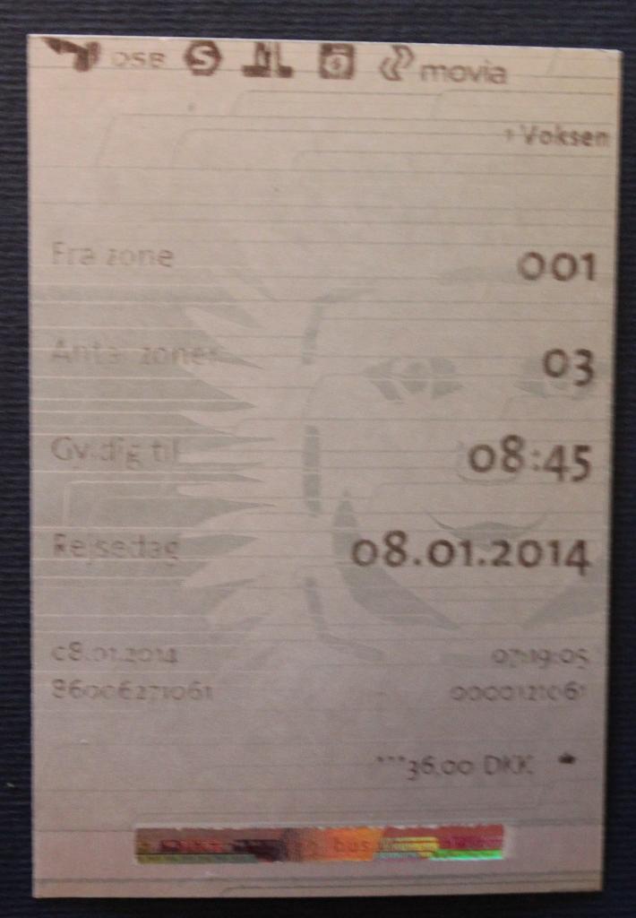 Билет на электричку в Копенгагене (Дания)