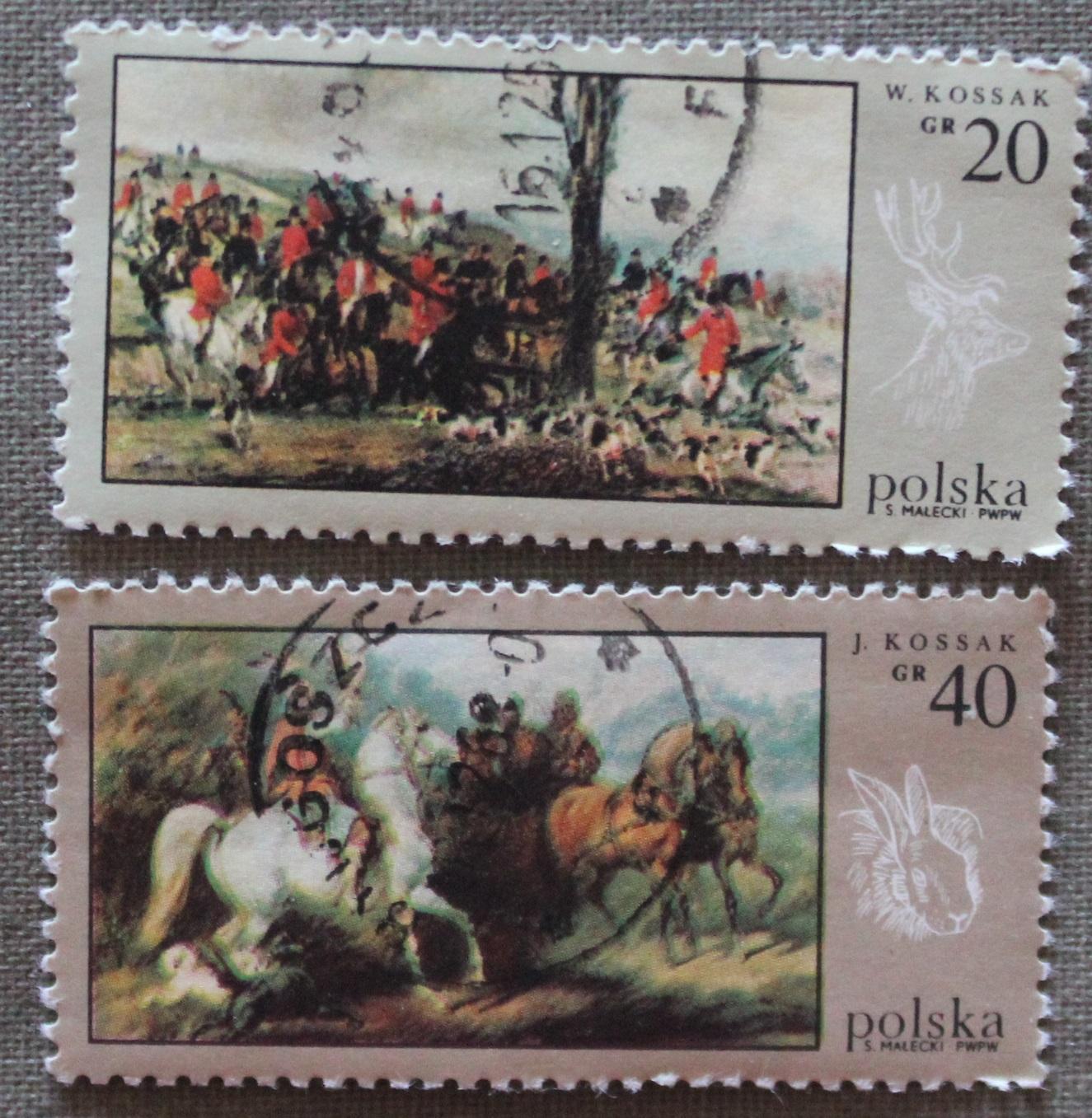 Две марки из набора Охота в живописи. Почта Польши 1968
