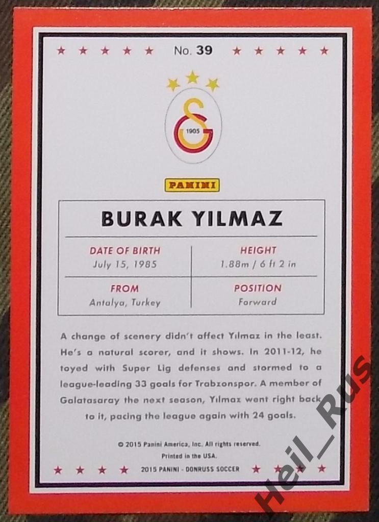 Футбол. Карточка Burak Yilmaz/Бурак Йылмаз (Галатасарай) Panini/Панини 2015 1