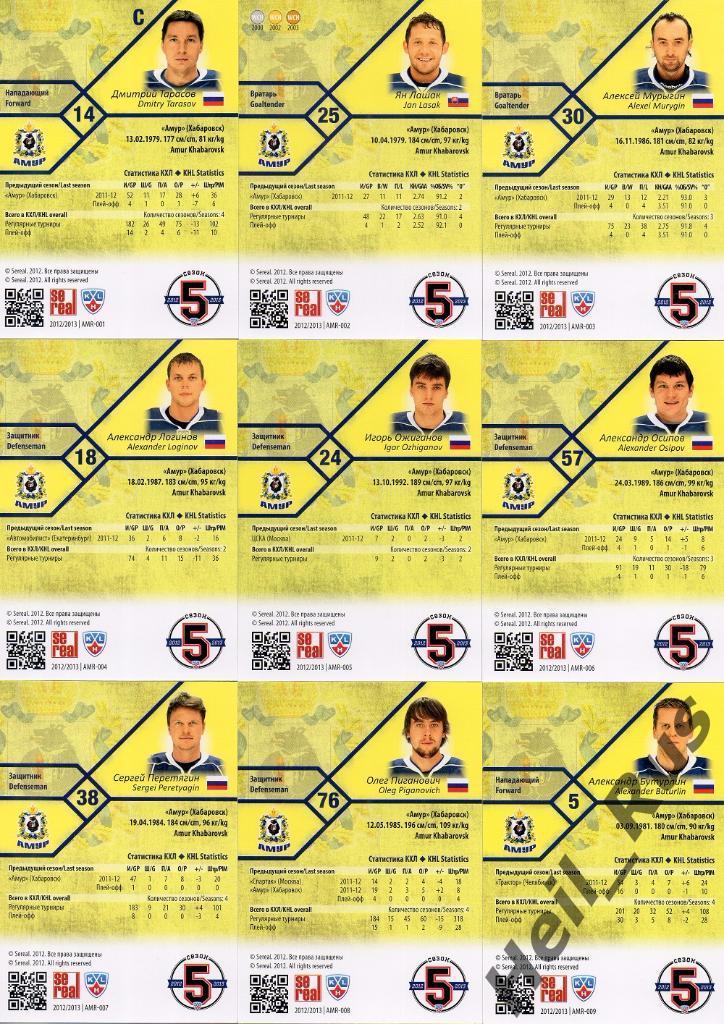 Хоккей. КХЛ. Амур Хабаровск 18 карточек сезона 2012/13 SeReal (Мурыгин и др.) 1