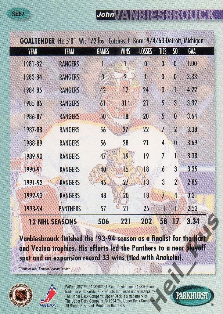 Хоккей. Карточка John Vanbiesbrouck/Джон Ванбисбрук (Florida Panthers) НХЛ/NHL 1