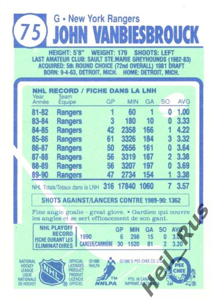 Хоккей. Карточка John Vanbiesbrouck/Джон Ванбисбрук (New York Rangers) НХЛ/NHL 1