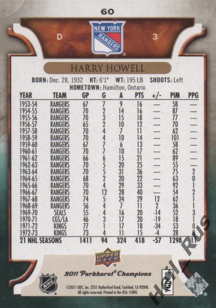 Хоккей. Карточка Harry Howell/Гарри Хауэлл (New York Rangers/Рейнджерс) НХЛ/NHL 1