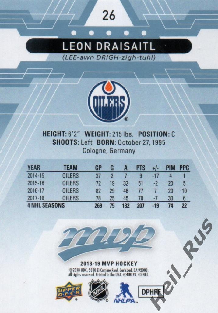 Хоккей. Карточка Leon Draisaitl/Леон Драйзайтль Edmonton Oilers/Эдмонтон НХЛ/NHL 1