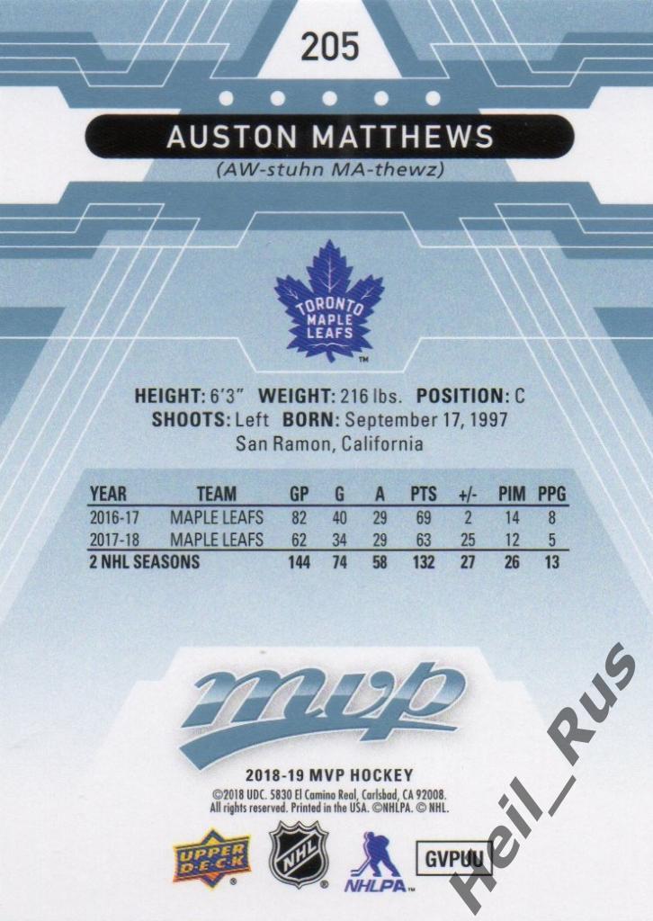 Хоккей. Карточка Auston Matthews / Остон Мэттьюс (Toronto Maple Leafs), НХЛ/NHL 1