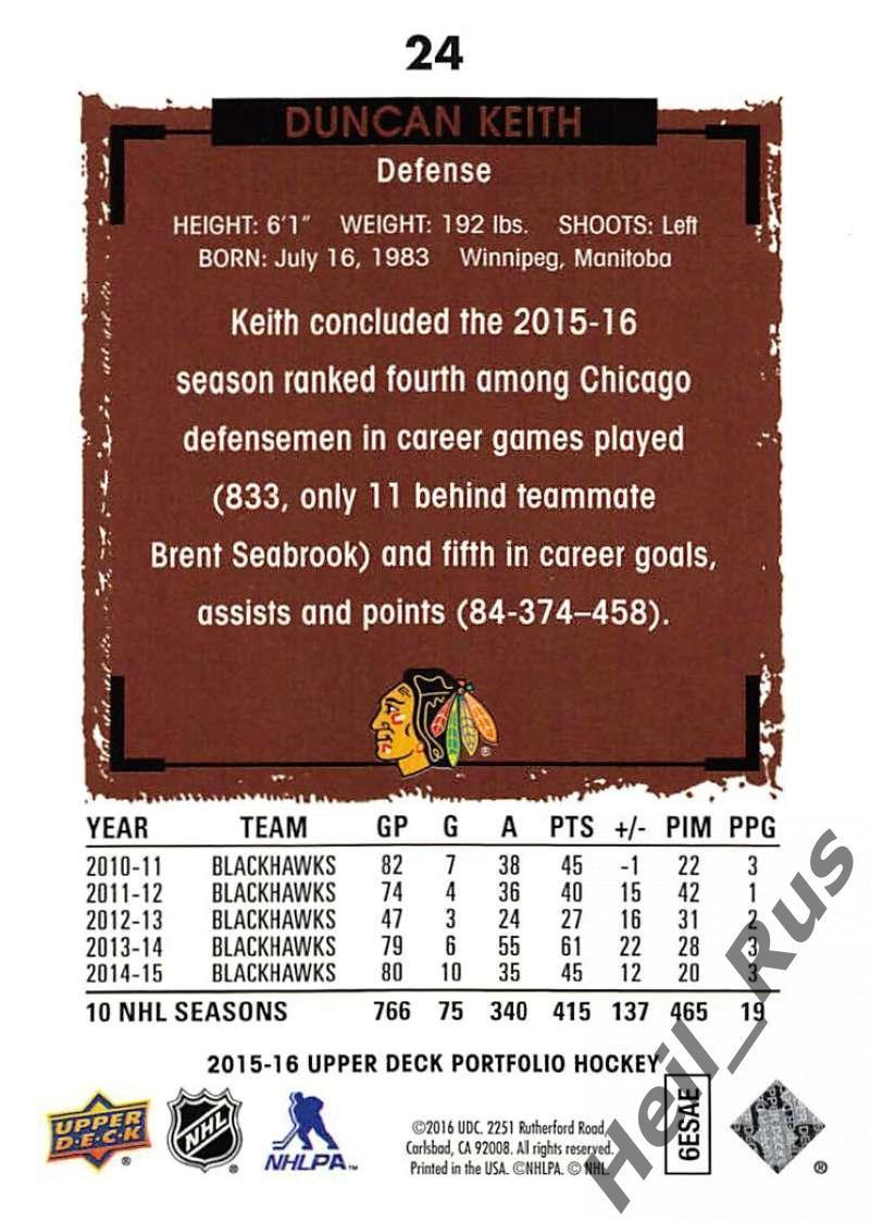 Хоккей Карточка Duncan Keith / Данкан Кит (Chicago Blackhawks / Чикаго) НХЛ/NHL 1
