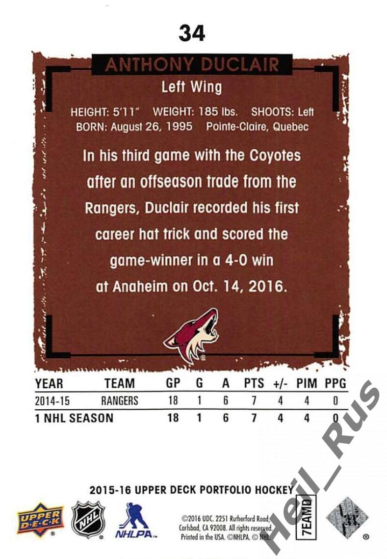 Хоккей. Карточка Anthony Duclair/Энтони Дюклер (Arizona Coyotes/Аризона) НХЛ/NHL 1