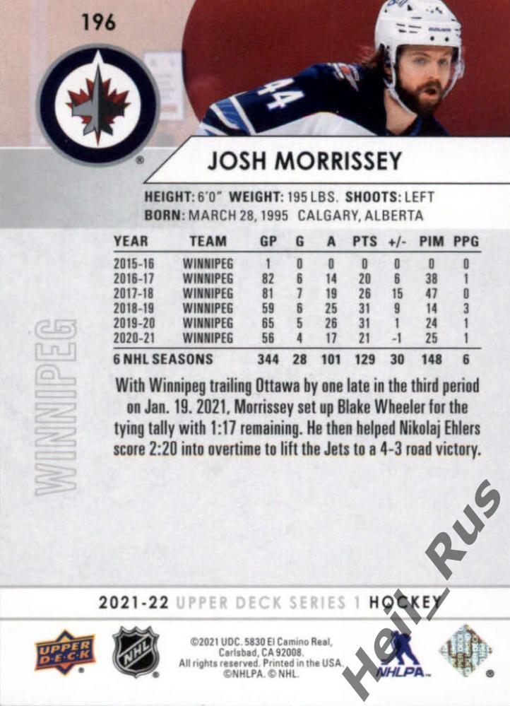 Хоккей. Карточка Josh Morrissey/Джош Моррисси (Winnipeg Jets/Виннипег) НХЛ/NHL 1