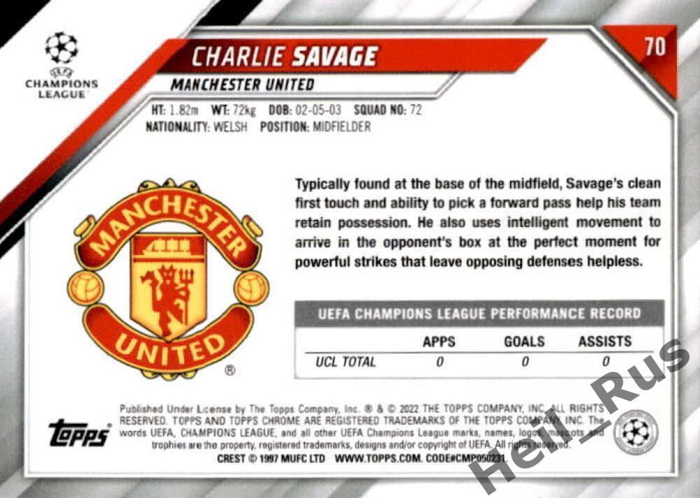 Футбол. Карточка Чарли Сэвидж (Манчестер Юнайтед) Лига Чемпионов 2021-22 TOPPS 1