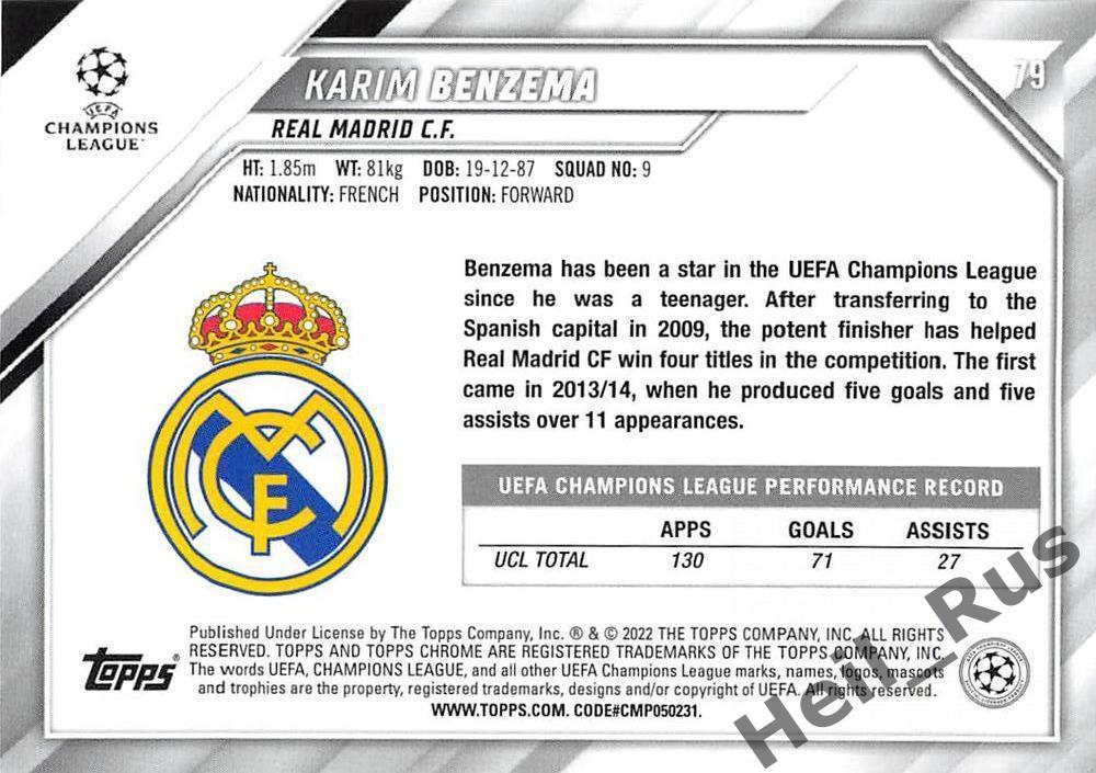 Футбол. Карточка Karim Benzema/Карим Бензема Реал Мадрид Лига Чемпионов 2021-22 1