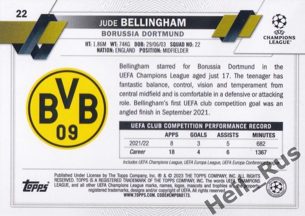 Карточка Джуд Беллингем (Боруссия Дортмунд, Реал Мадрид) Лига Чемпионов 2022-23 1