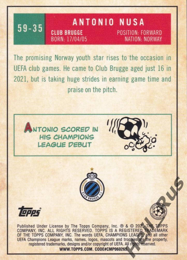 Футбол. Карточка Antonio Nusa/Антонио Нуса (Брюгге) Лига Чемпионов 2022-23 TOPPS 1