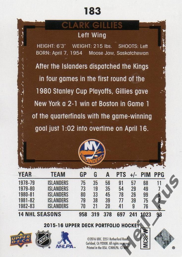 Хоккей. Карточка Clark Gillies/Кларк Гиллис New York Islanders/Нью-Йорк НХЛ/NHL 1