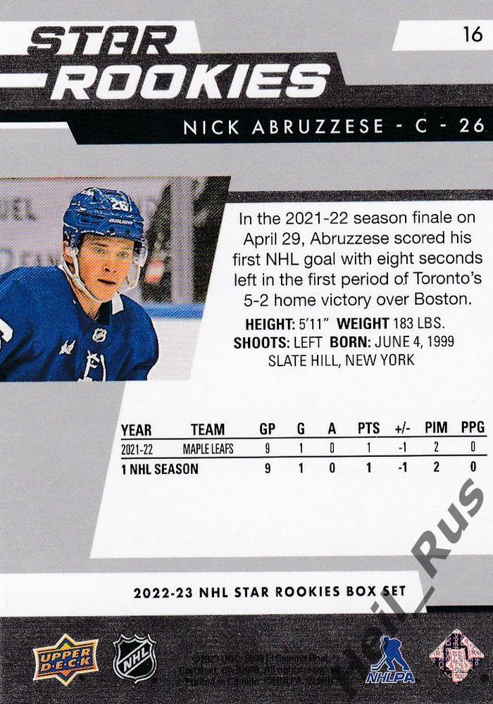 Хоккей Карточка Nick Abruzzese/Ник Абруццезе Toronto Maple Leafs/Торонто НХЛ/NHL 1