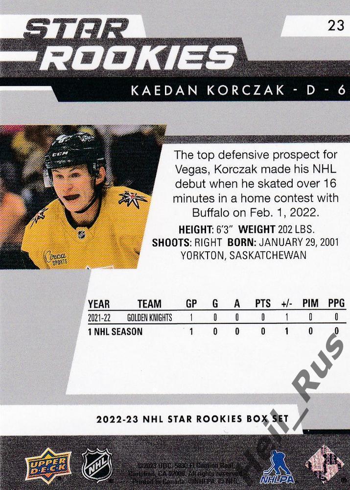 Хоккей. Карточка Kaedan Korczak/Кэидан Корчак Vegas Golden Knights/Вегас НХЛ/NHL 1