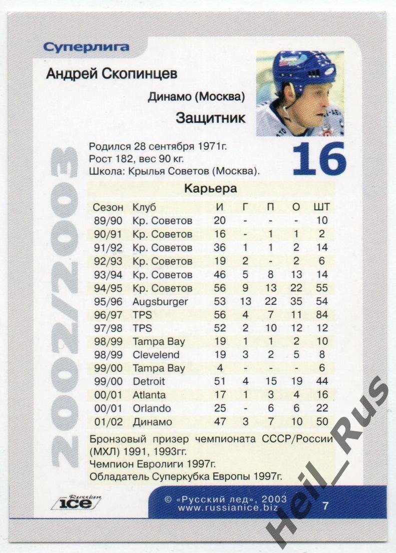 Хоккей. Карточка Андрей Скопинцев (Динамо Москва) Русский Лед сезон 2002-03 1