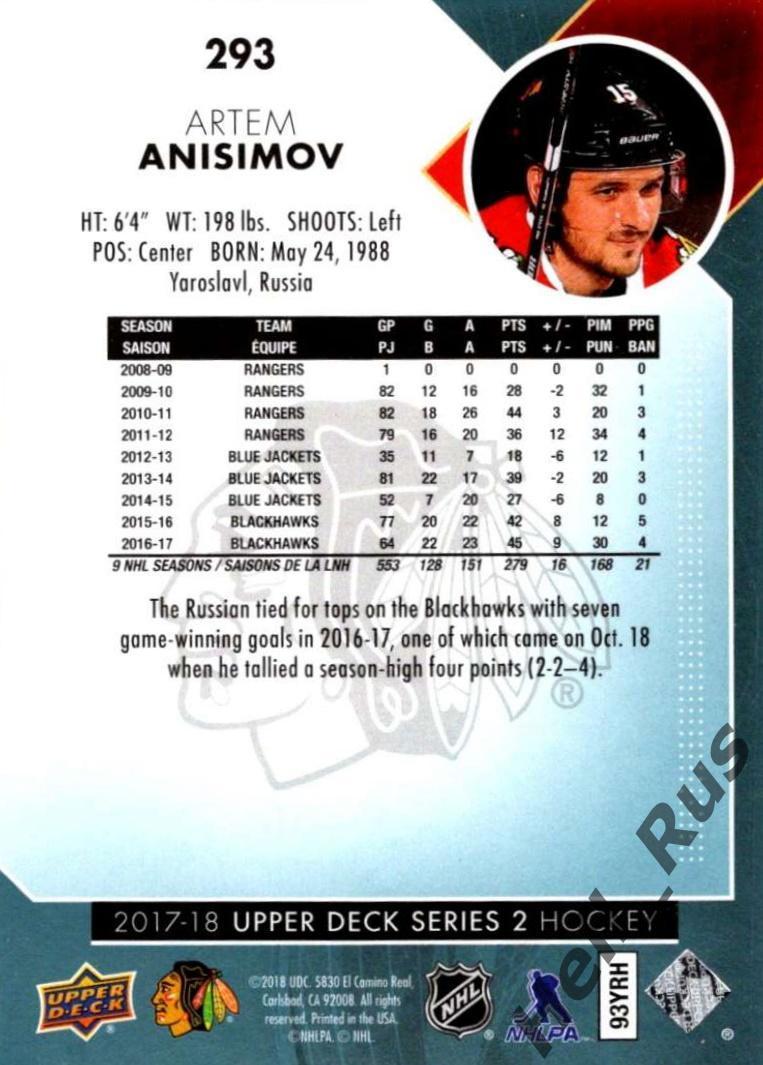 Карточка Артем Анисимов (Chicago Blackhawks/Чикаго, Локомотив Ярославль) НХЛ/КХЛ 1