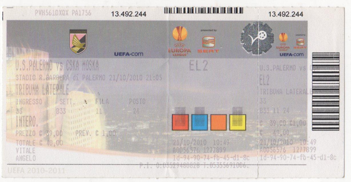 Билет матча Палермо - ЦСКА. 21 октября 2010 г. Лига Европы УЕФА. Ренцо Барбера.