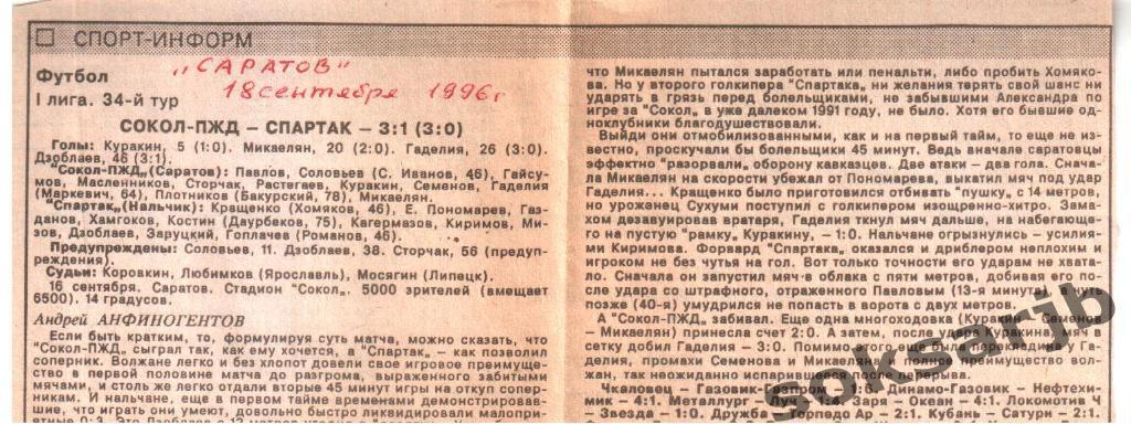 1996. Газетный отчет. Сокол Саратов - Спартак Нальчик 3-1.