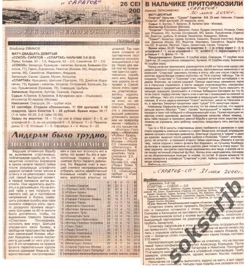 2000. Три газетных отчета Сокол Саратов - Спартак Нальчик.