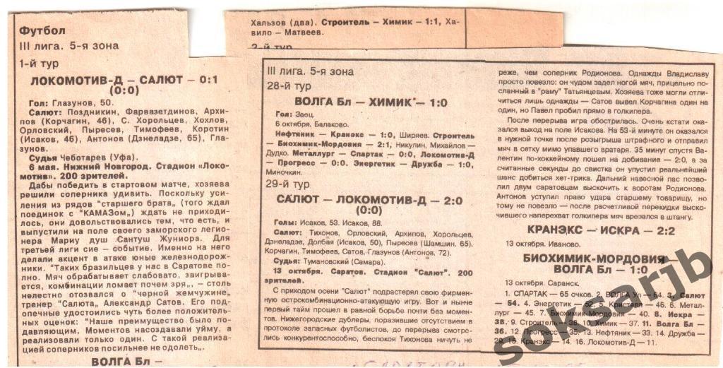 1996. Два газетных отчета. Салют Саратов - Локомотив-Д Нижний Новгород.