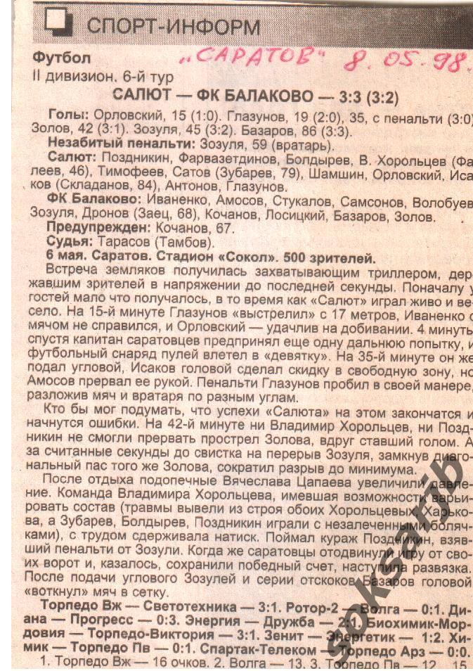 1998. Газетный отчет Салют Саратов - ФК Балаково.