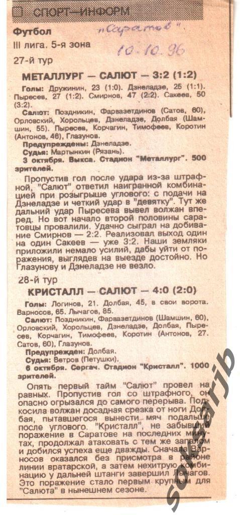1996. Два газетных отчета. Металлург Выкса и Кристалл Сергач - Салют Саратов.