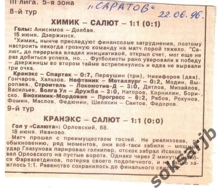 1996. Два газетных отчета. Химик Дзержинск и Кранэкс Иваново - Салют Саратов.