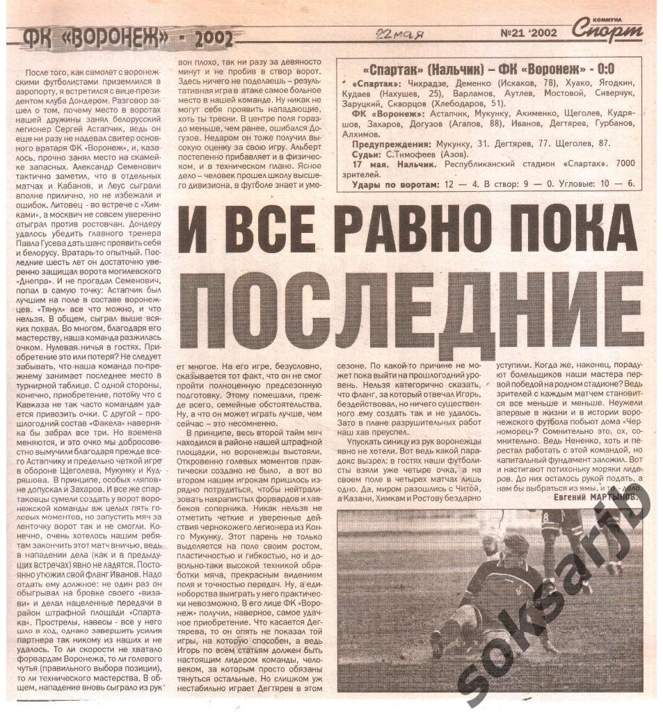 2002. Газетный Отчет Спартак Нальчик - ФК Воронеж.