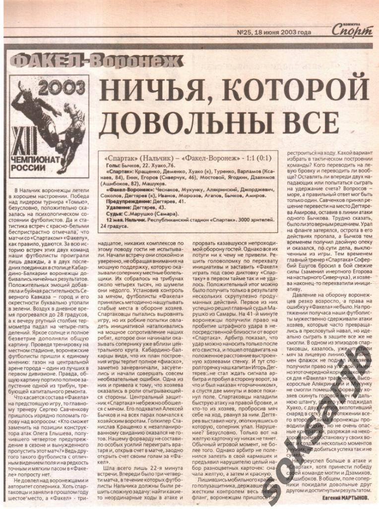 2003. Газетный отчет Спартак Нальчик - Факел-Воронеж.