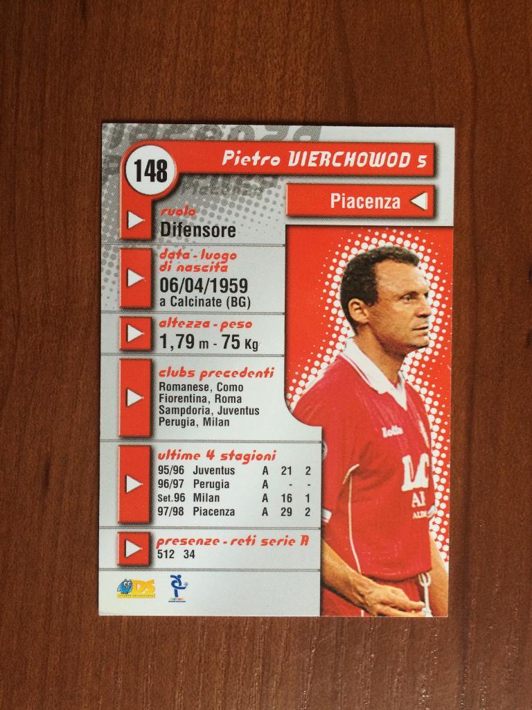 Карточка Pietro Vierchowod Piacenza серия DS Pianeta Calcio 1998-1999 № 148 1