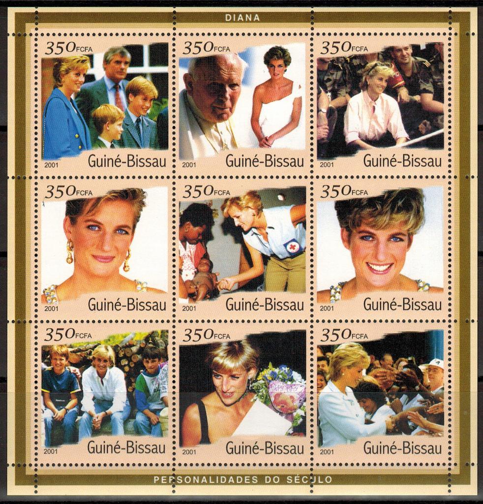 Малый лист 9 марок Гвинея-Бисау 2001 Знаменитости Принцесса Диана MNH Michel=8€