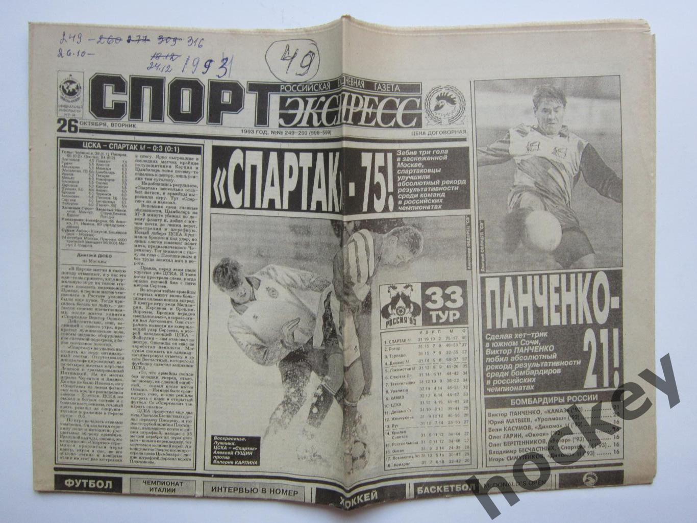 Спорт-Экспресс за 26.10.1993 (8 стр.). ЦСКА - Спартак и др.