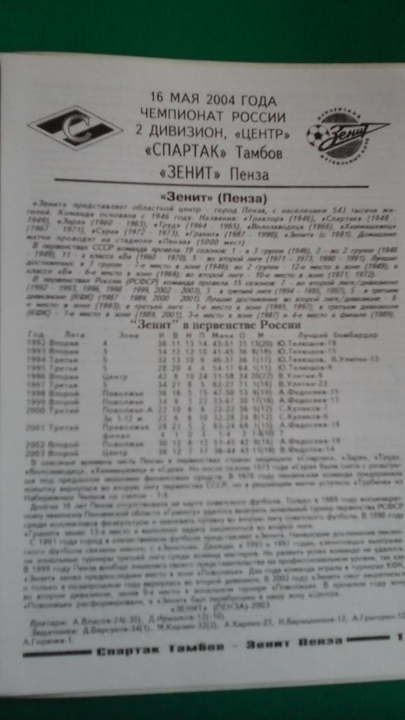 Спартак (Тамбов)- Зенит (Пенза) 16 мая 2004 года. 1
